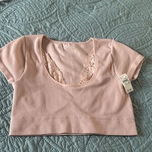 Aerie Blush Ribbed Crop Top with Lace Accent